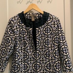 Chic Black navy blue and White Patterned Women's Jacket with beautiful bidding.